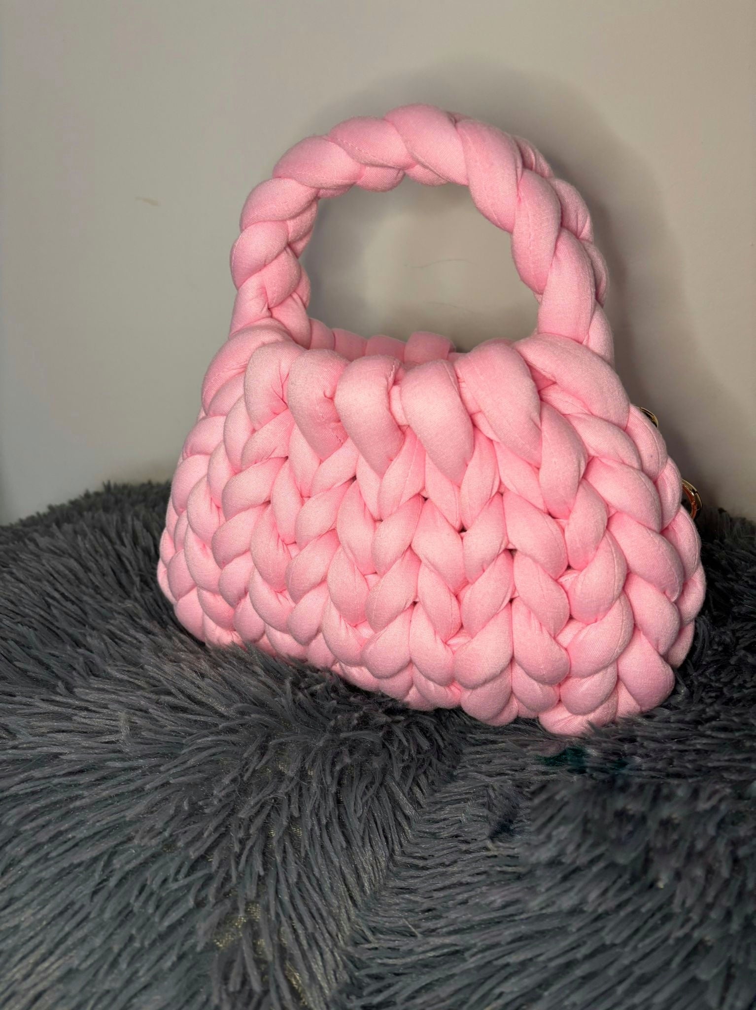 CHUNKY BAG - MINI PUFF IN COTONE ROSA CON TRACOLLA TRASPARENTE