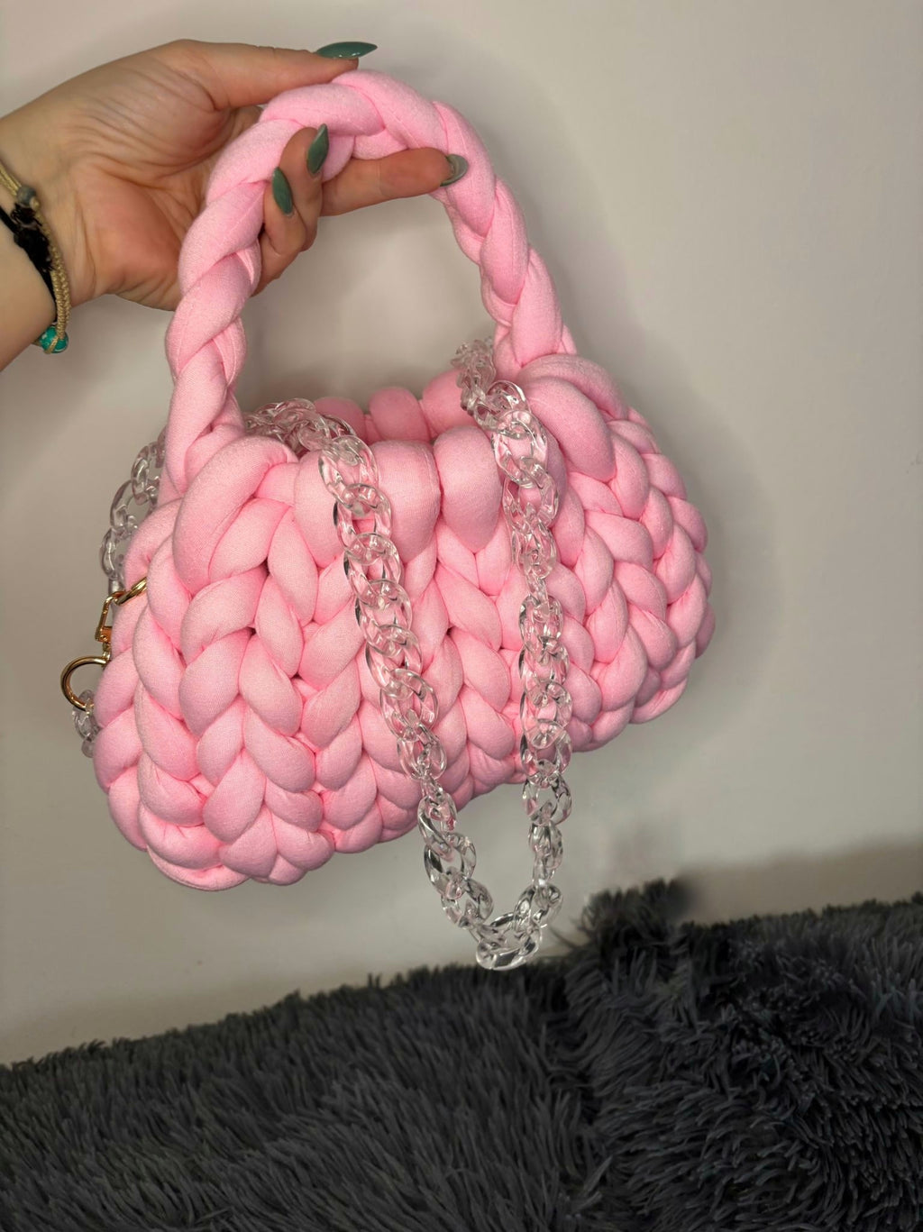 CHUNKY BAG - MINI PUFF IN COTONE ROSA CON TRACOLLA TRASPARENTE