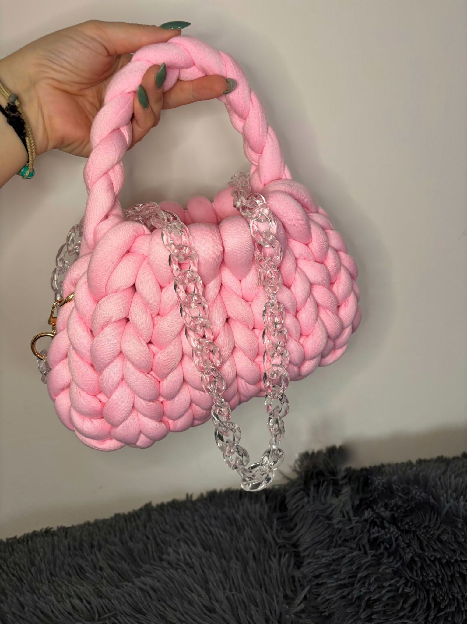 CHUNKY BAG - MINI PUFF IN COTONE ROSA CON TRACOLLA TRASPARENTE