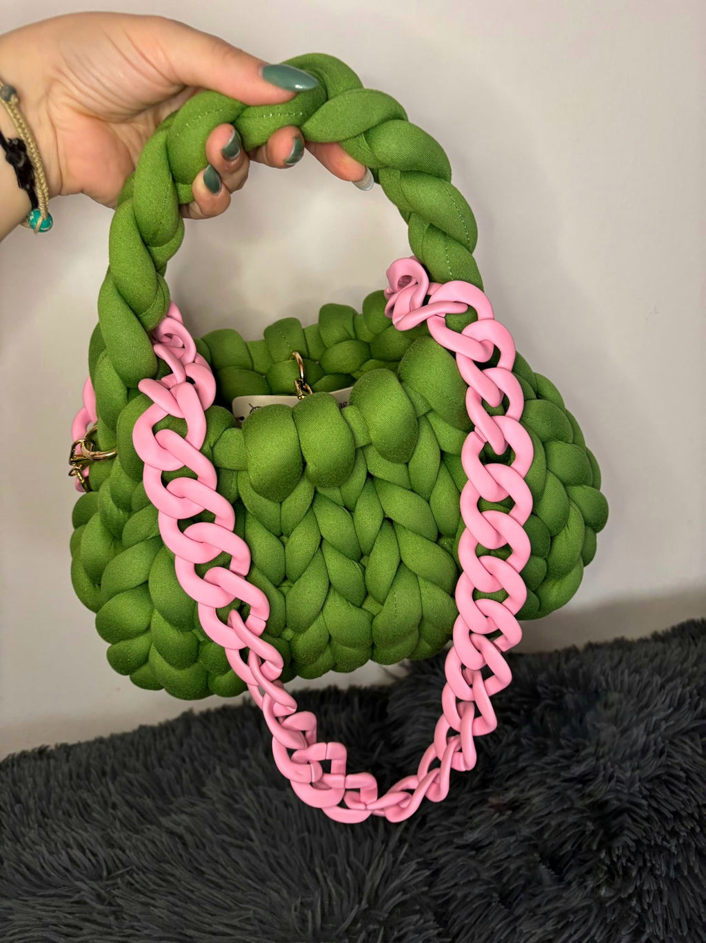 CHUNKY BAG - MINI PUFF IN COTONE VERDE CON TRACOLLA ROSA