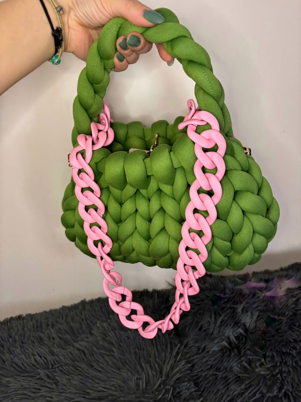 CHUNKY BAG - MINI PUFF IN COTONE VERDE CON TRACOLLA ROSA