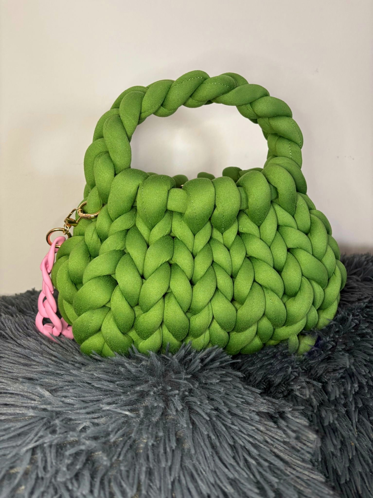 CHUNKY BAG - MINI PUFF IN COTONE VERDE CON TRACOLLA ROSA