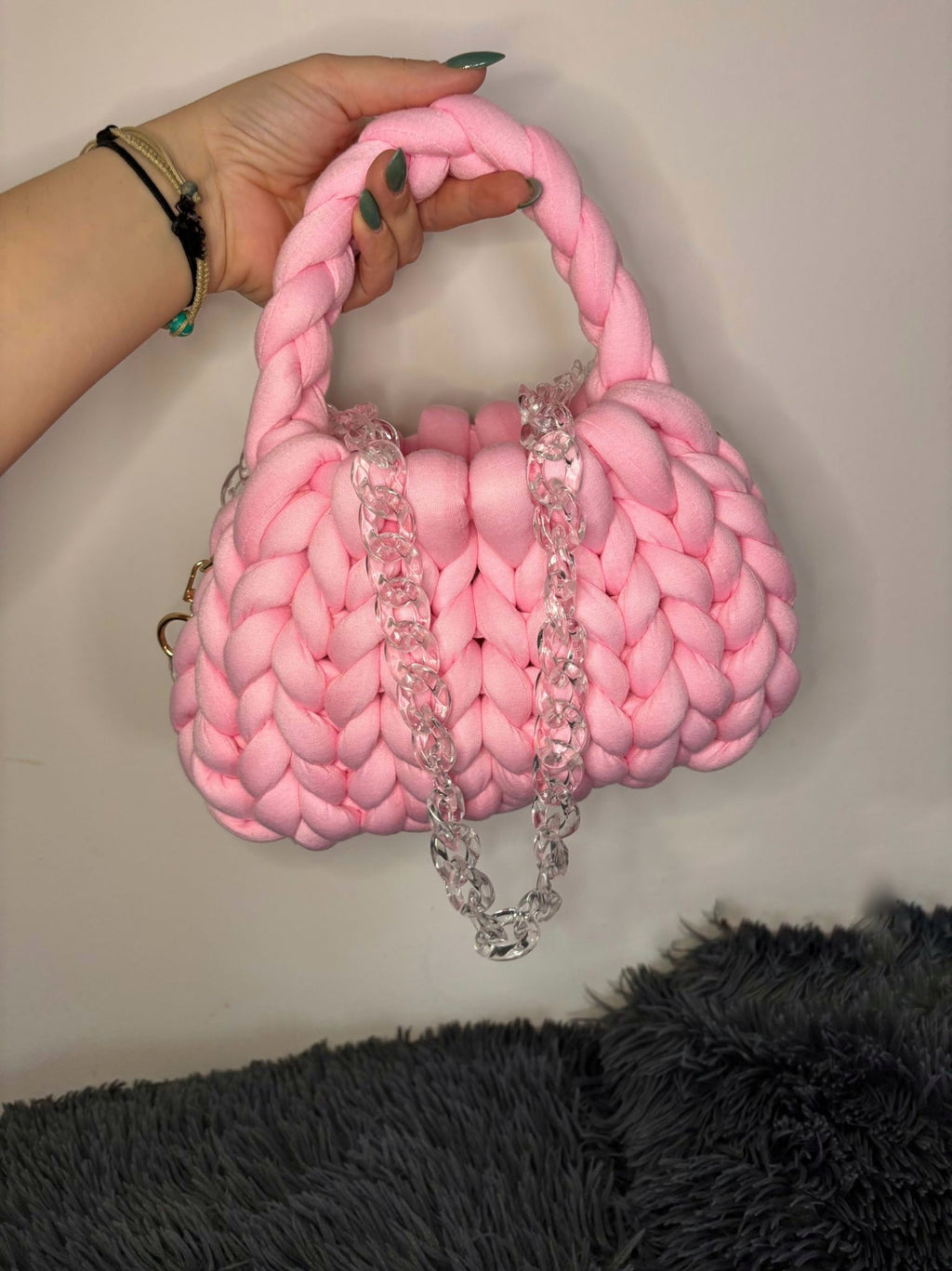 CHUNKY BAG - MINI PUFF IN COTONE ROSA CON TRACOLLA TRASPARENTE